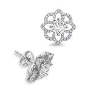 Round Diamond designer Halo Diamond Earrings Available in Rose, White, Yellow Gold and Platinum